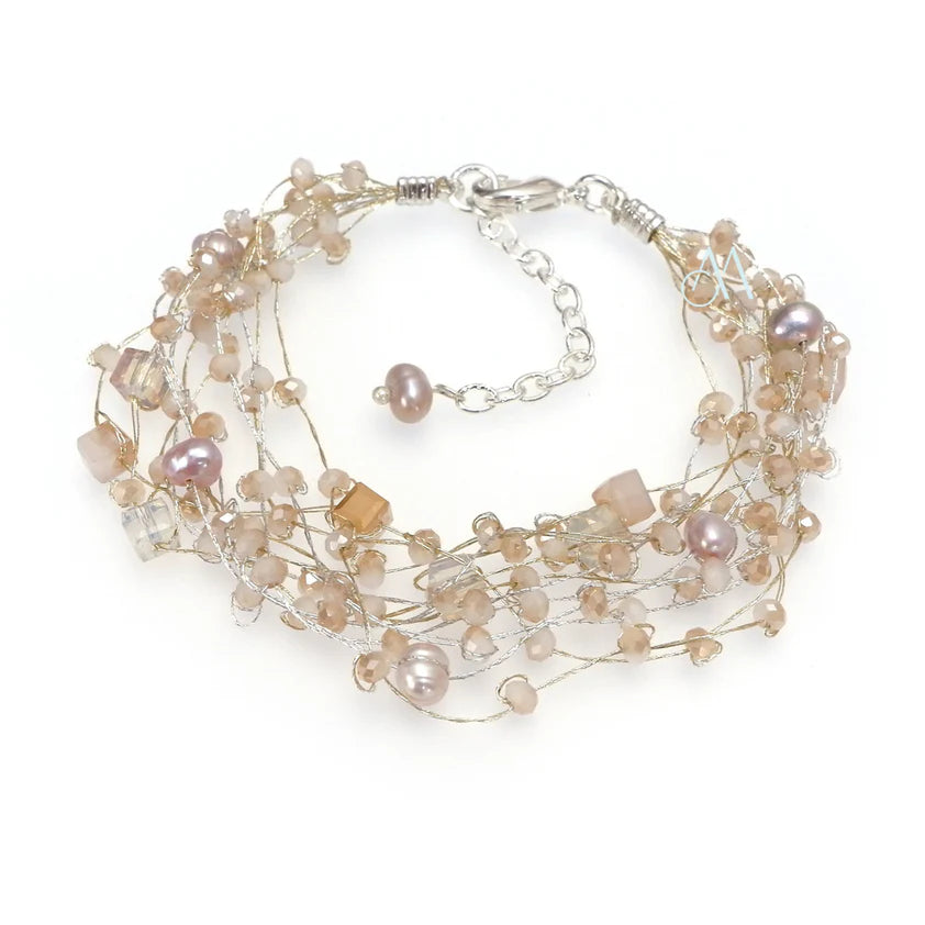 Handcrafted Pearl & Crystal Bracelet on Multi Strand Silk