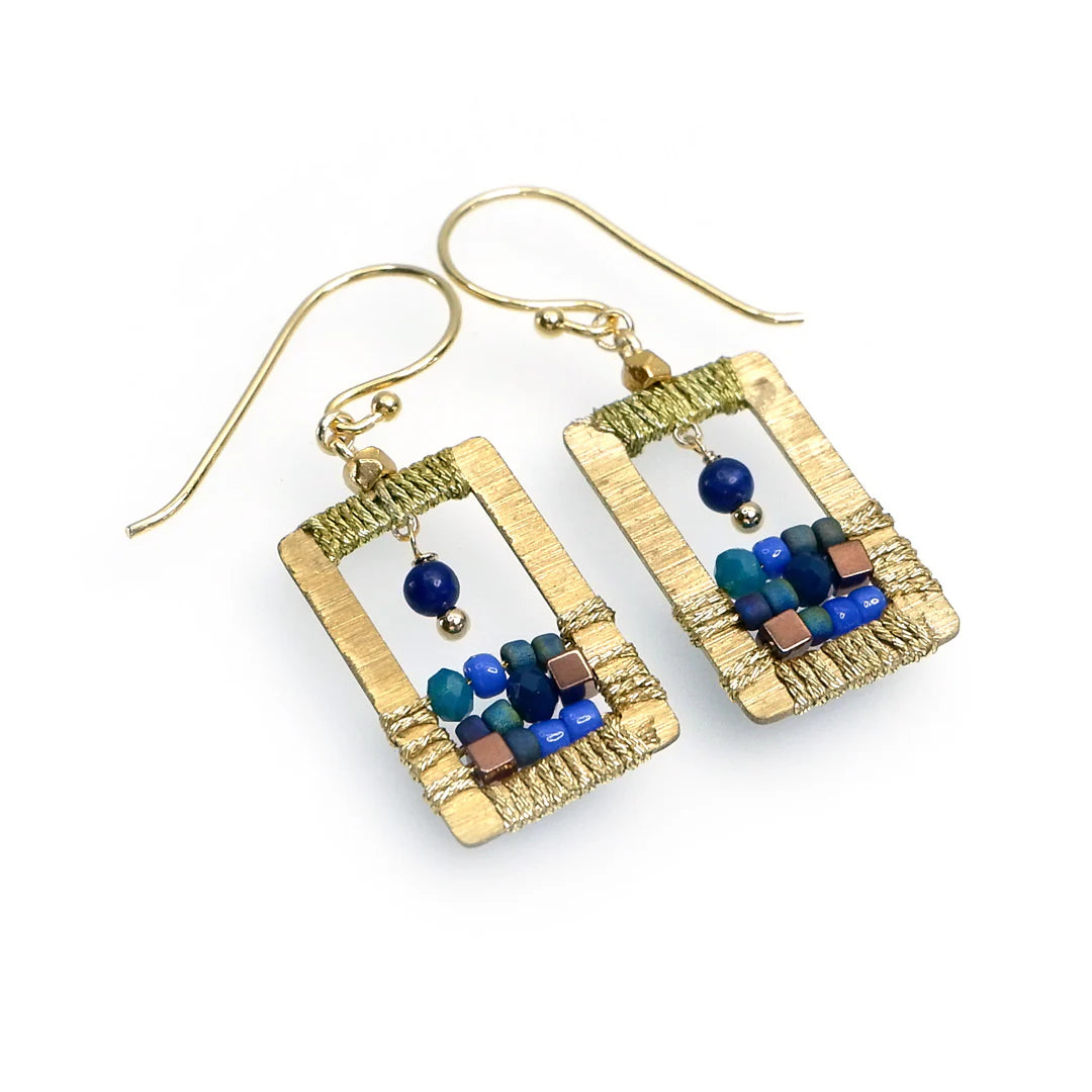 Handcrafted Gemstone & Crystal Earrings - Dark Blue Rectangle