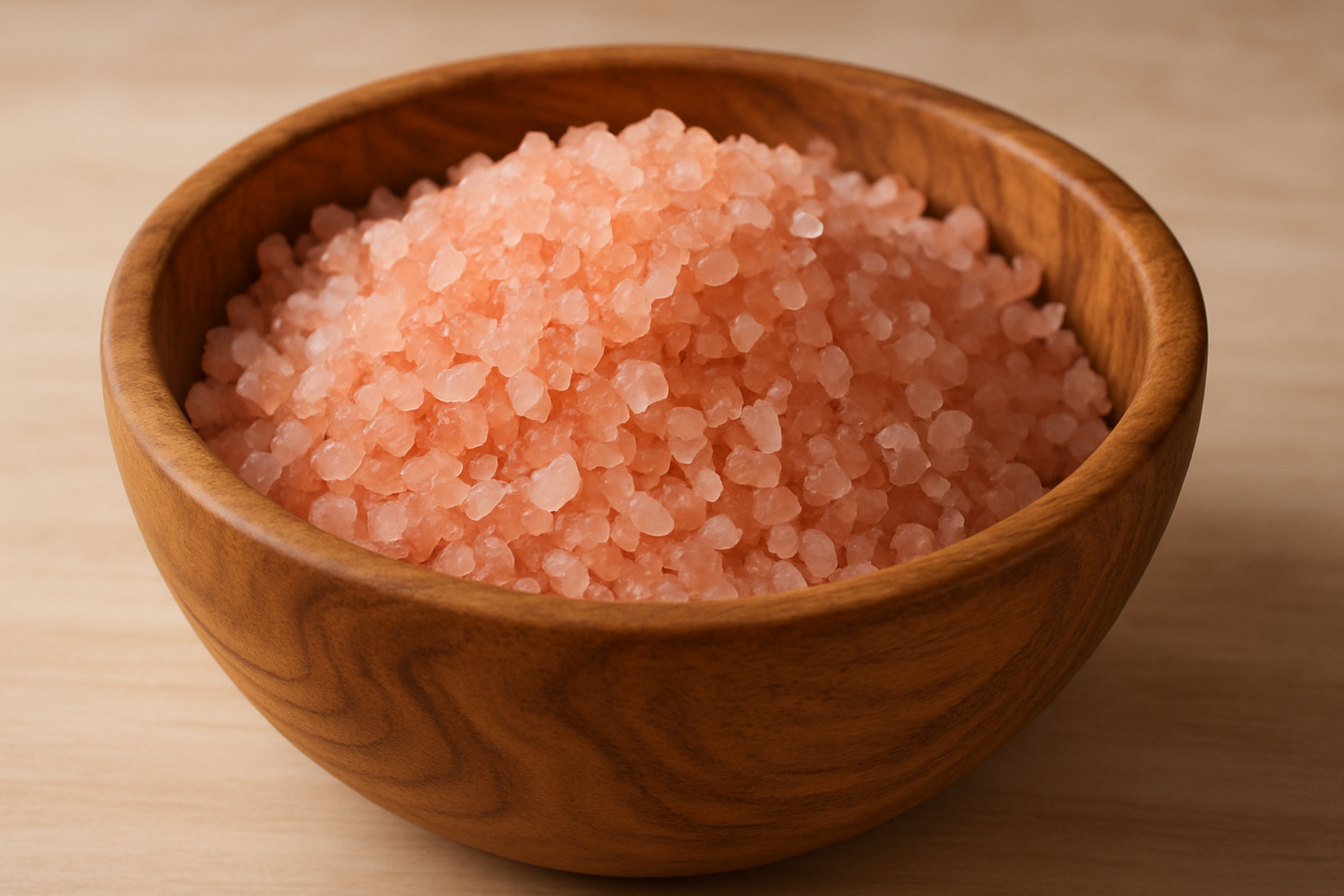 a large wooden bowl full of pink himalayan bath salts