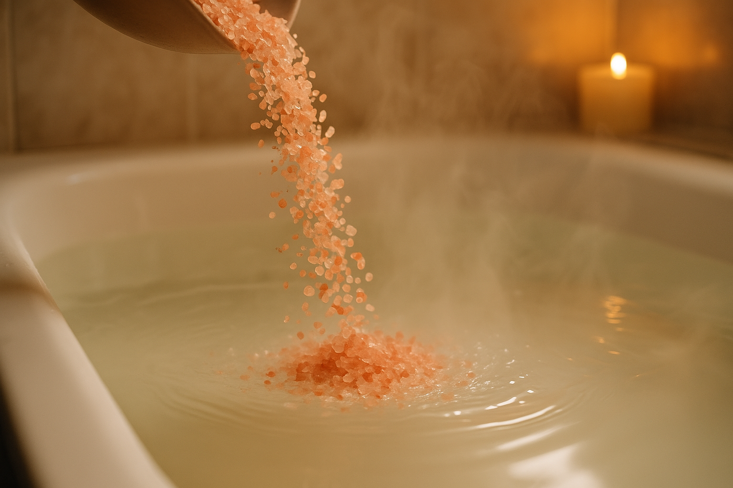himalayan pink bath salts being poured (from unseen container) into a warm bath