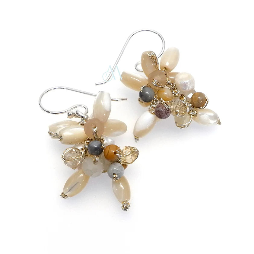Handcrafted Gemstone on Silk, Cluster Earrings