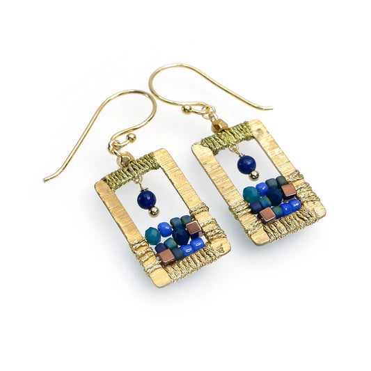 Handcrafted Gemstone & Crystal Earrings  - Dark Blue Rectangle