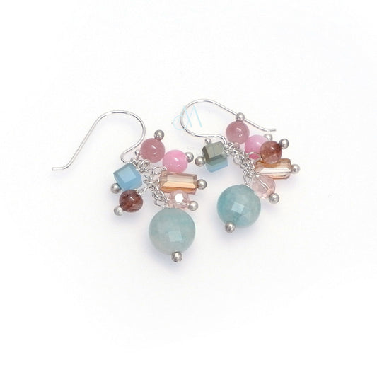 Handcrafted Gemstone Silver Cluster Earrings - Amazonite and Cherry Quartz